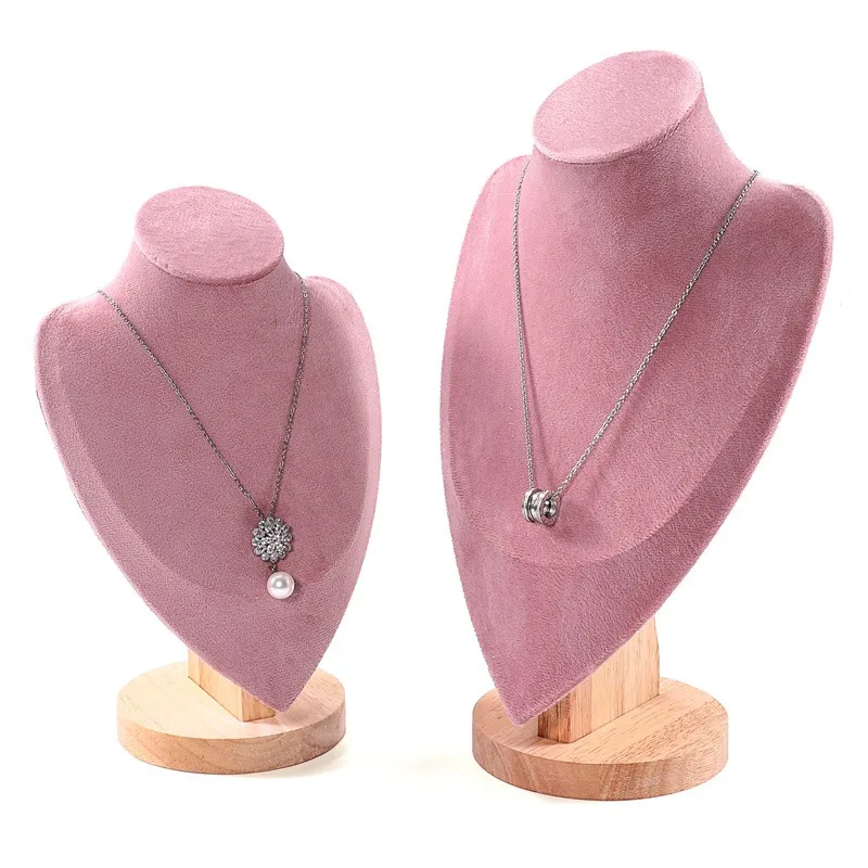 Pink Series Suede Mannequin Model Jewelry Necklace Prop Chain Display Stand With Wood Base