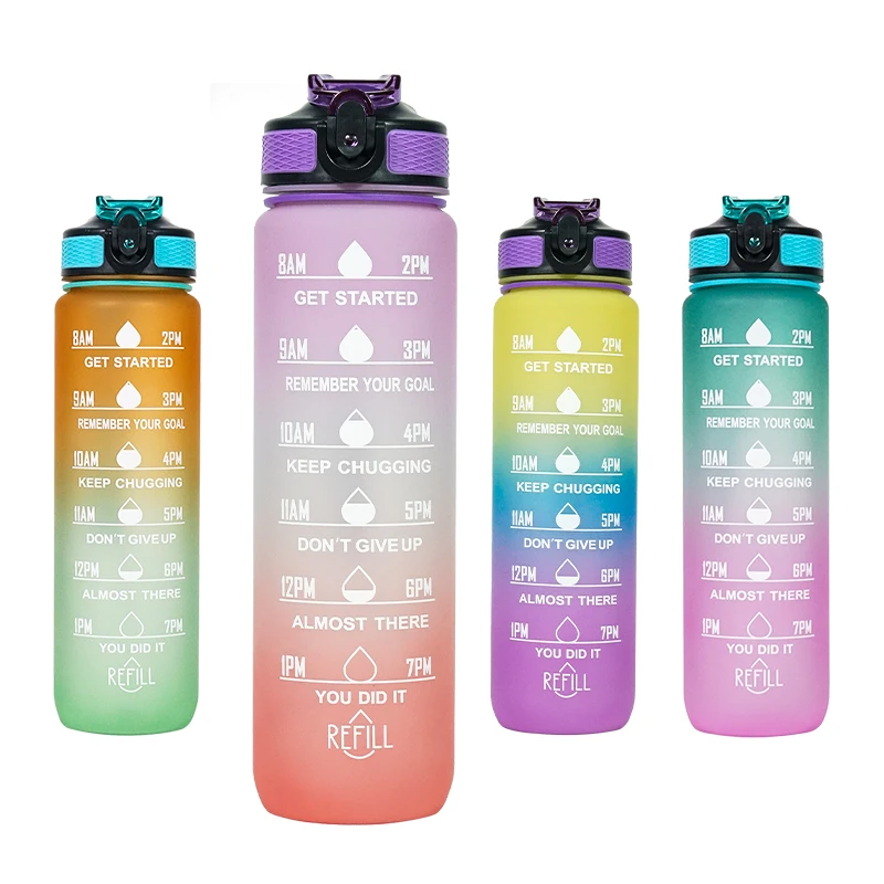 BPA Free 32 Oz 1000ml Plastic Sports Bottle Leak Proof 1 Liter Motivational Water Bottle with Time Marker