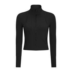 Latest Design Slim Sports Jacket Women High Collar Coat Thumb Holes 2 Pocket Design Women Sports Wear