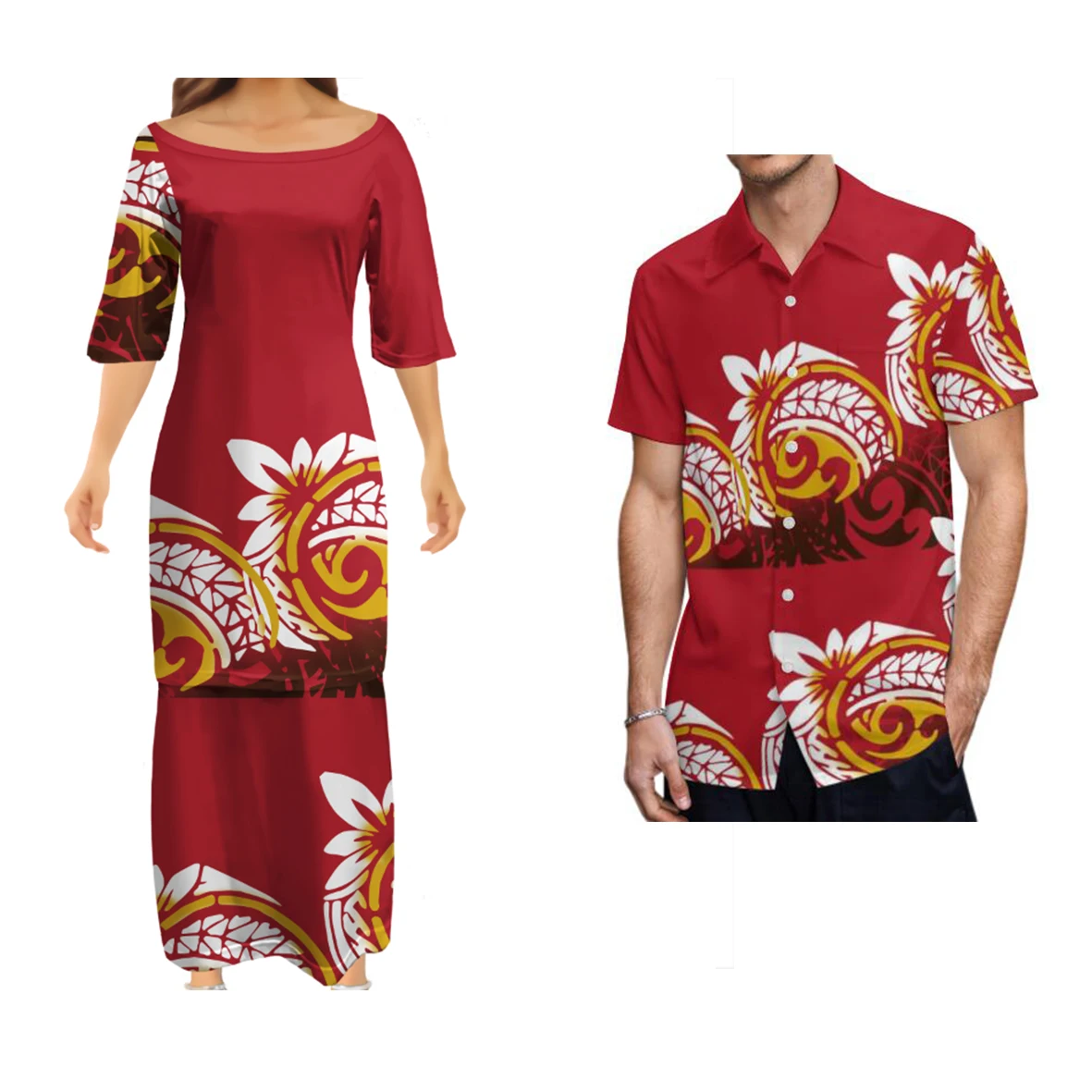 No Minimum Pacific Island Art Breathable Lady Puletasi Dresses And Men Aloha Shirt Tonga Polynesian Tattoo Designs Couple Suit