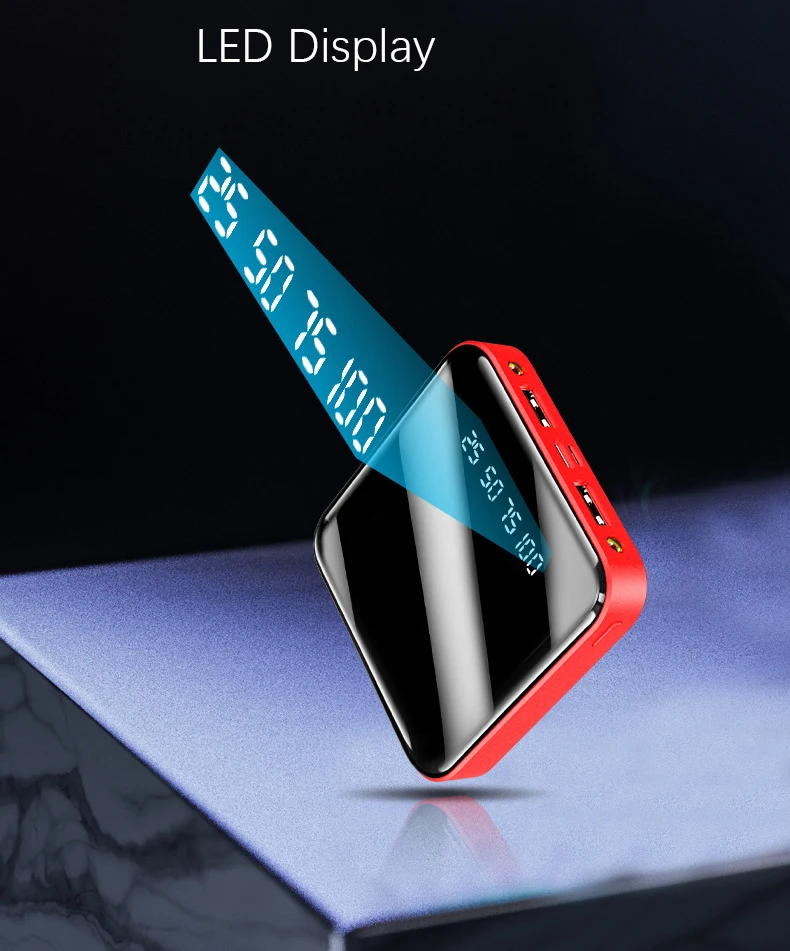 Drop-shipping 20000 Portable Power Bank Mirror LED Display 10000mah Mini Powerbank Flashlight For Mobile Phone Charger