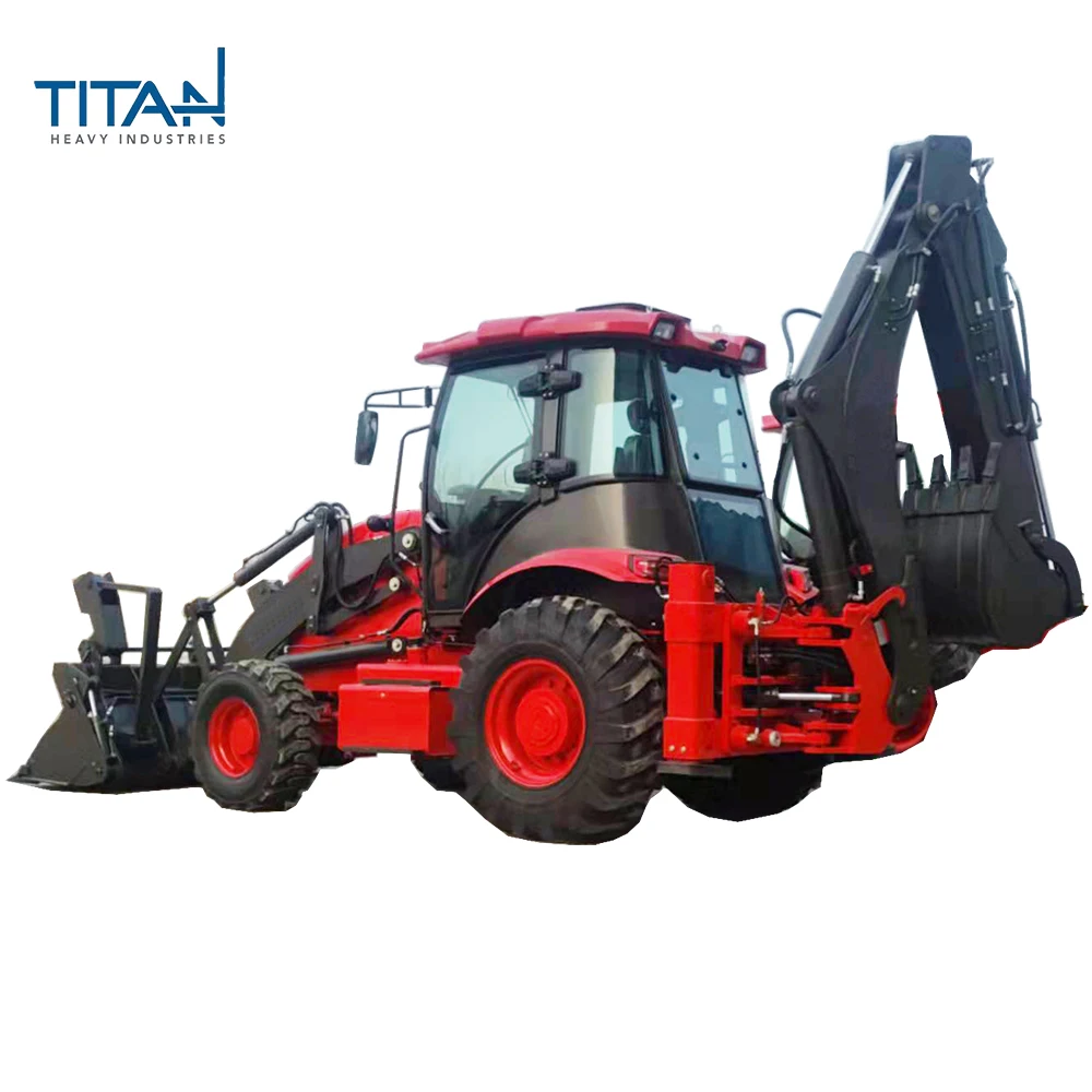 Small four-wheel drive backhoe loader crushes soil and shovels in one two busy loader agricultural