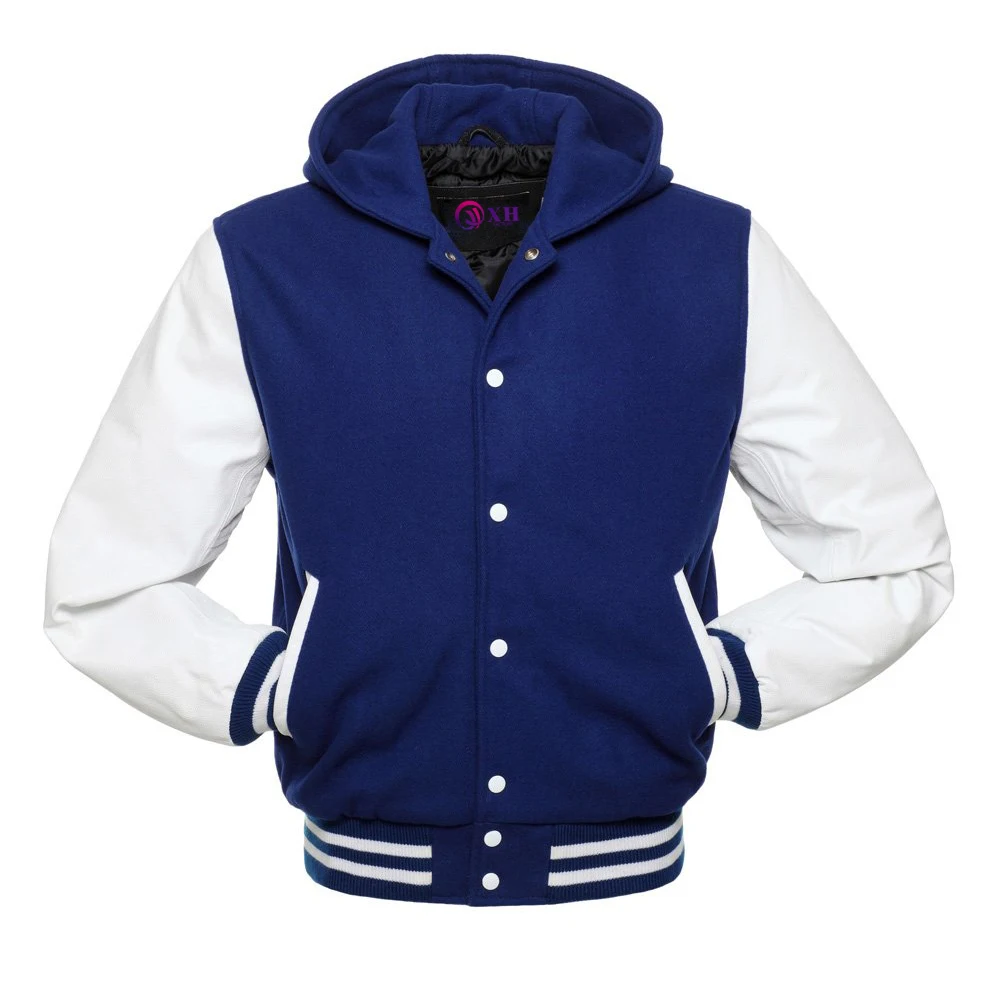 Leather sleeve Bomber Baseball Jacket Blank Plain College blue red Hoodies Jacket Varsity hood Jacket for Men