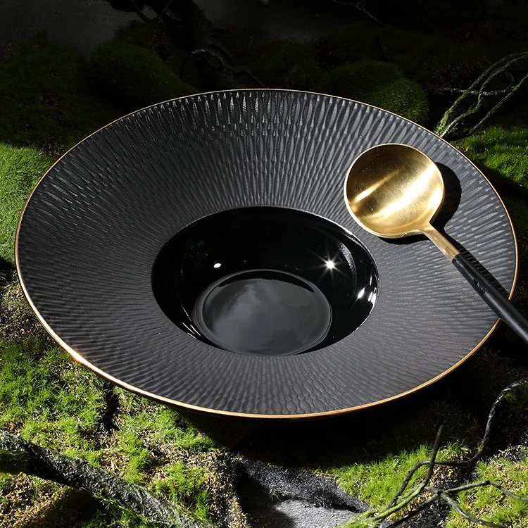 
Northern Europe Matt Black Round Pasta Ceramic Plate Gold Rim ,Direct Factory Soup Plate For Restaurant home 