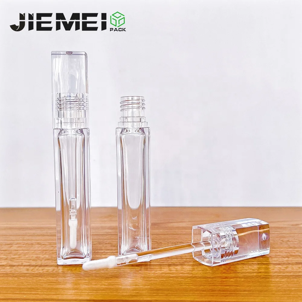 JIEMEI Stock Unique Square 6.5ML PETG Empty Plastic Lip Gloss Tube Transparent Clear Lipgloss Bottle With Silicone Flat Brush