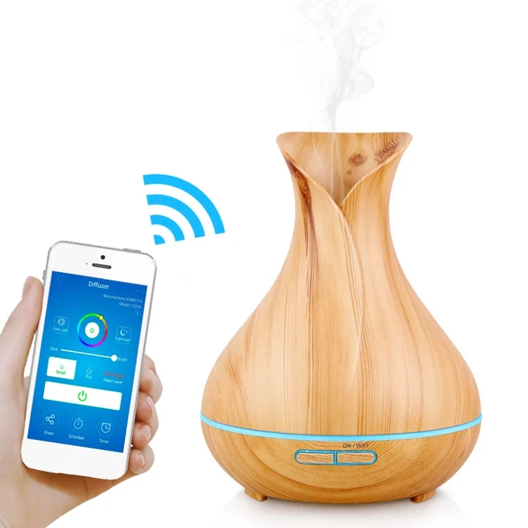 400ml Large Wooden Air Humidifier Diffuser Nebulizer Machine Wifi Smart Wooden Air Humidifier with 7 Colors Changing Led Display