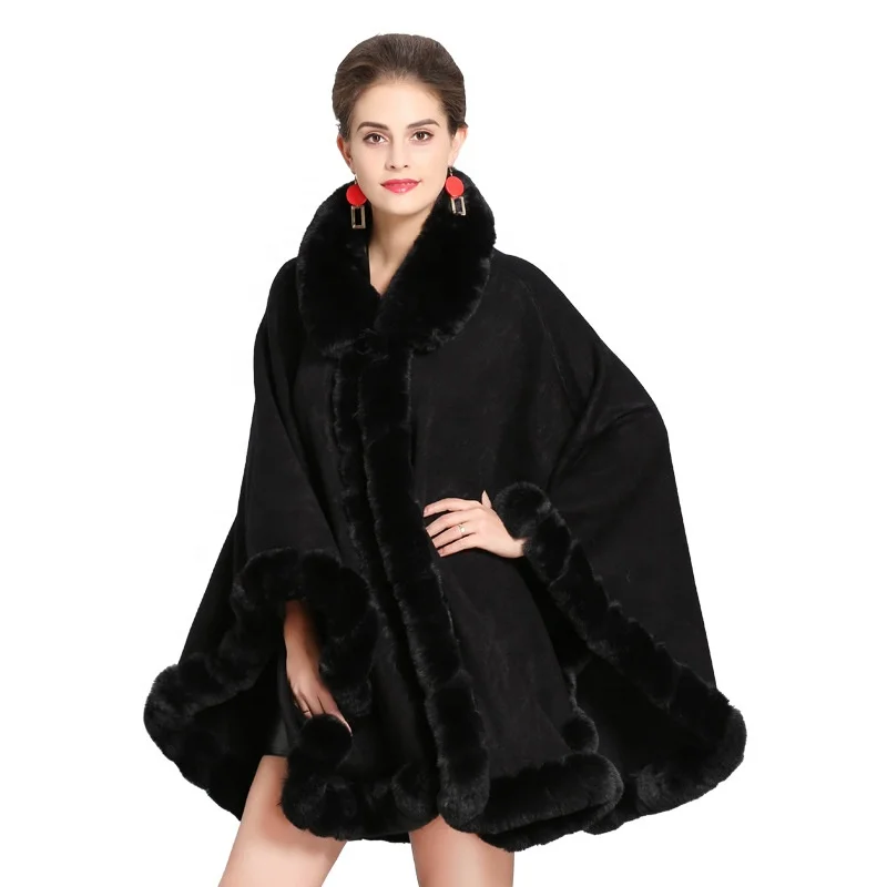 Elegant Women V Lapel Rex Rabbit Fur Coat Cape Winter Big Long Shawl Full Trim Cashmere Knitted Poncho Girls Cloak Overcoat
