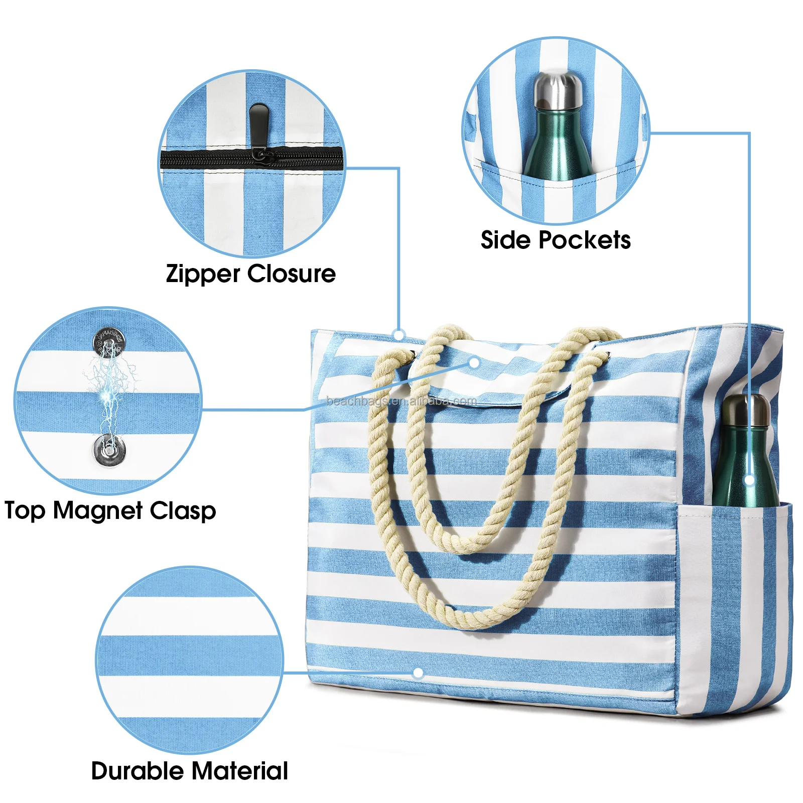 Custom Print Fashion Waterproof Stripe High Quality Beach Tote Bags with Top Magnet Clasp Zipper Shoulder Canvas Beach Bags