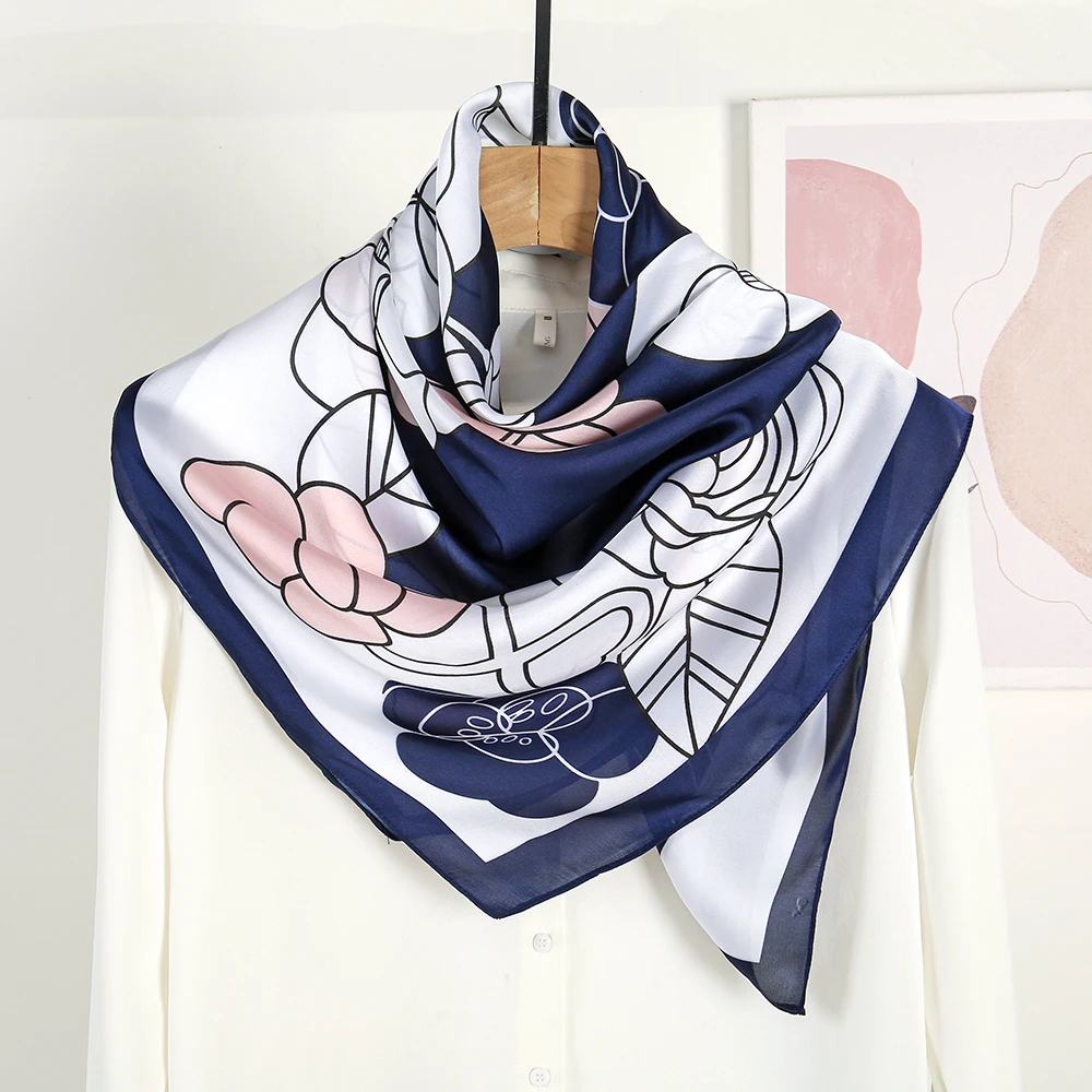 New Arrival Elegent Summer Bandana Square Fancy Flower Printed Hijab Satin Silk Scarf For Woman