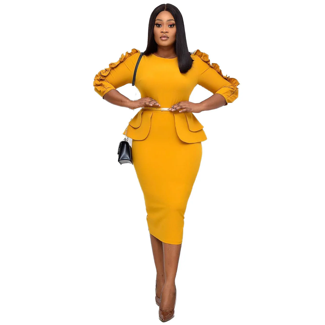 Vestidos Y Faldas Largas De Mujer Gorditas Office Bandage Dress Bodycon Formal Long Sleeve Midi Dress