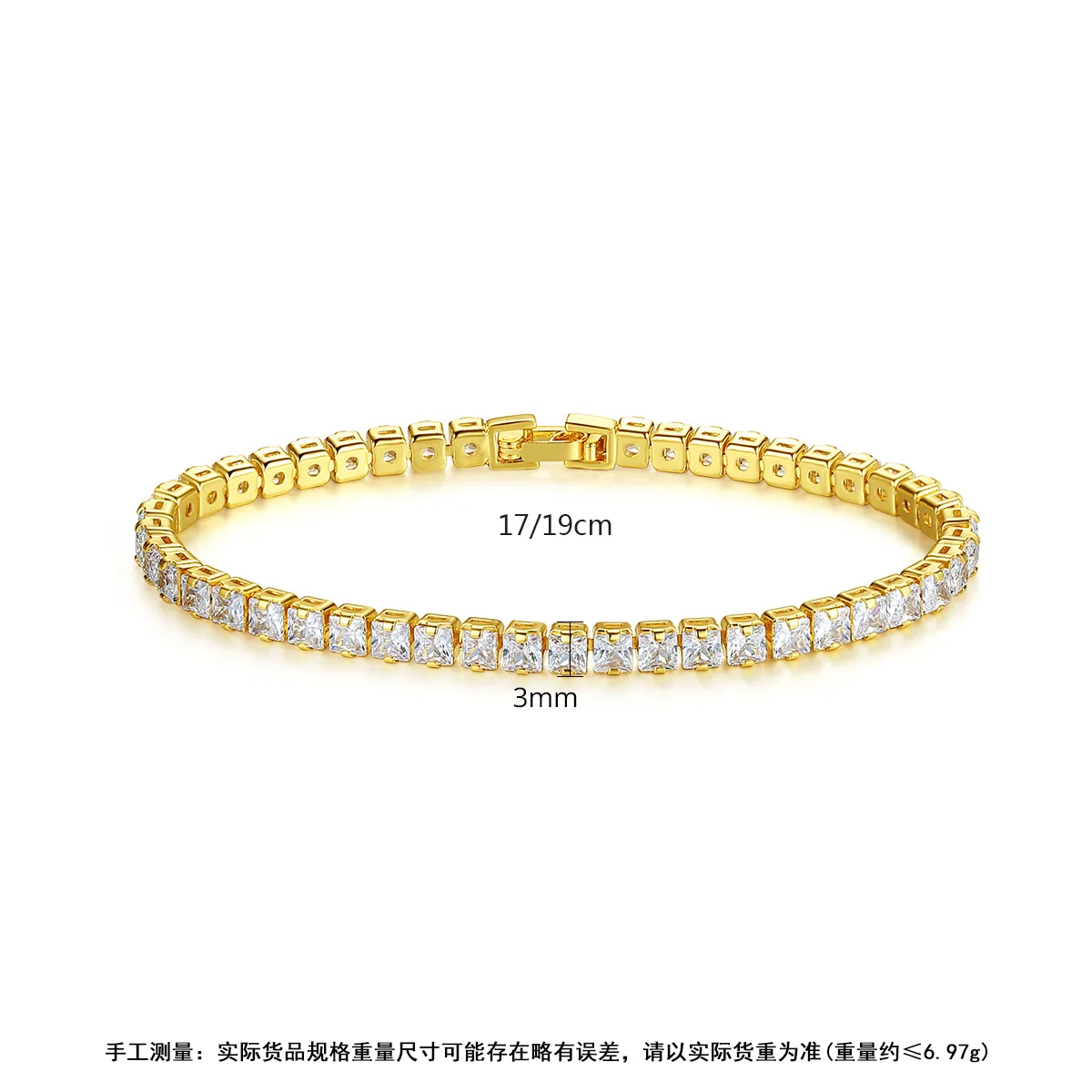 Fashion 3mm Square Cut Tennis Bracelet Clear CZ Stone Real Gold Plating Women Jewelry
