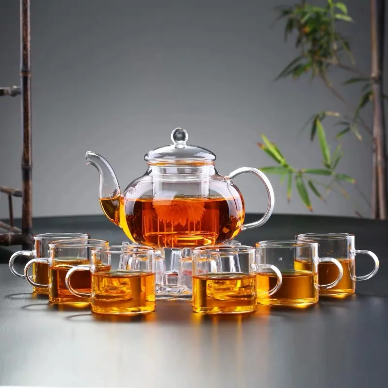 Eco-Friendly Safe Modern Borosilicate Transparent Clear Glass Tea Pot and Cup Set for Tea Serving