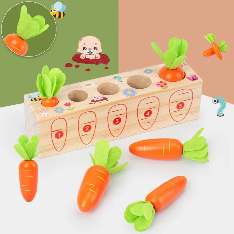 New Cute Wooden Montessori Carrot Pull Toy Early Educational Building Block Fruit Game For childhood Education Kids Toys
