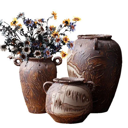 Modern Natural Style Stoneware Clay Pottery Set for Garden Hand-Carved Dried Flower Pots with Jingdezhen Ceramic Customization