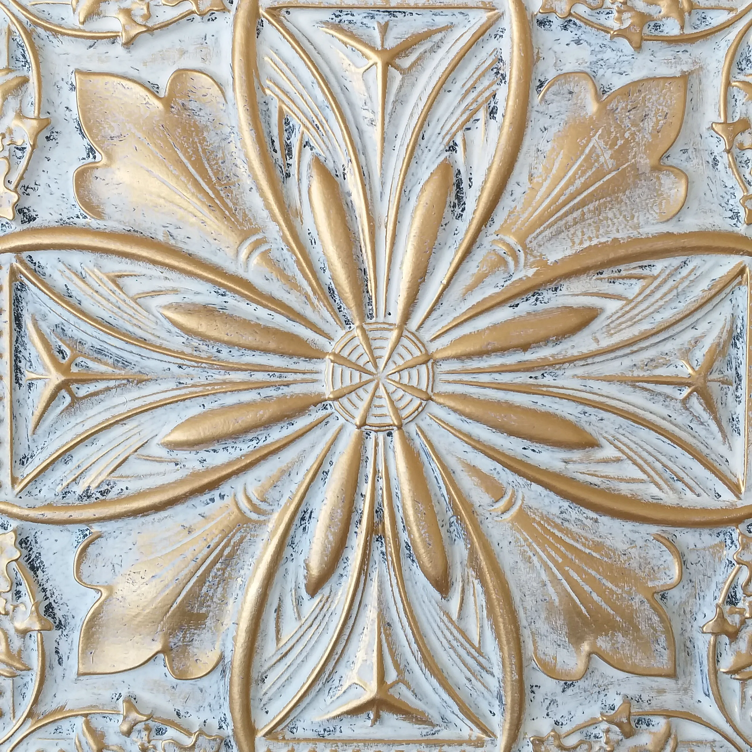 PL10 Faux tin finishes Artistic 3D embossed  aged white gold ceiling tiles