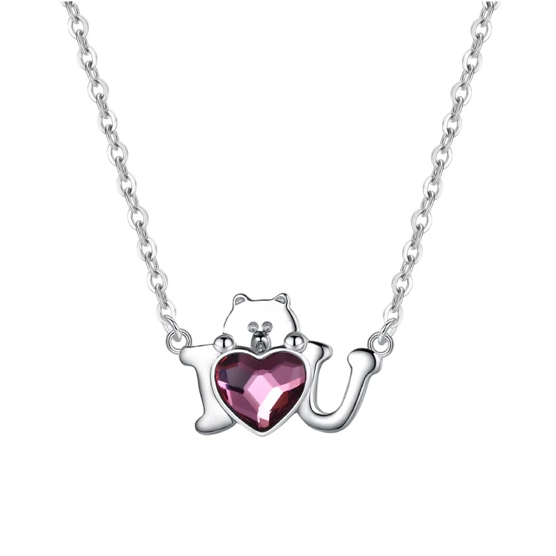 RINNTIN SWN13 925 Sterling Silver Love Heart Austrian Crystal Pendants Necklace with Cute Bear Women Girl Necklace Jewelry