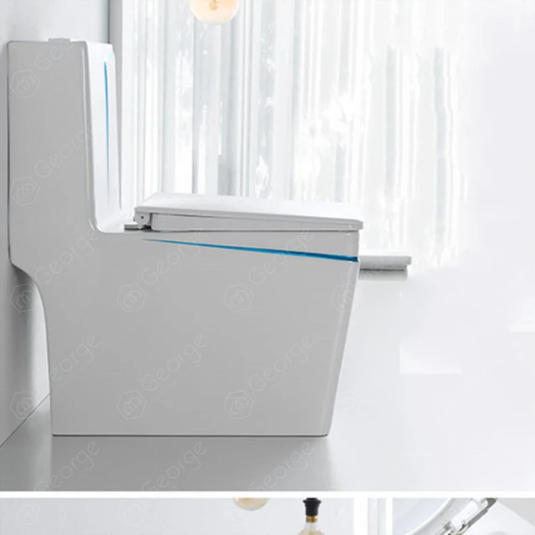 
One-piece Floor mounted siphon jet toilet white color mixed blue line with PP cover S-trap 400mm 