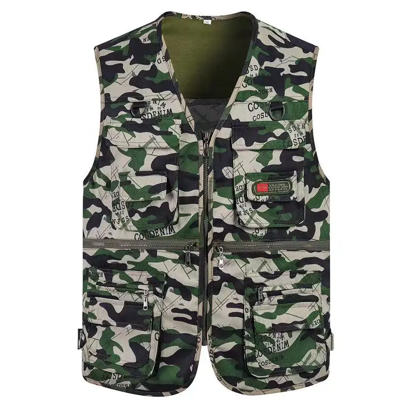 Multi Pockets Cargoes Fisherman Vest Cartoon Logo Waistcoat for Fishing Hiking Journalist Photography Camping Safari Vest Men