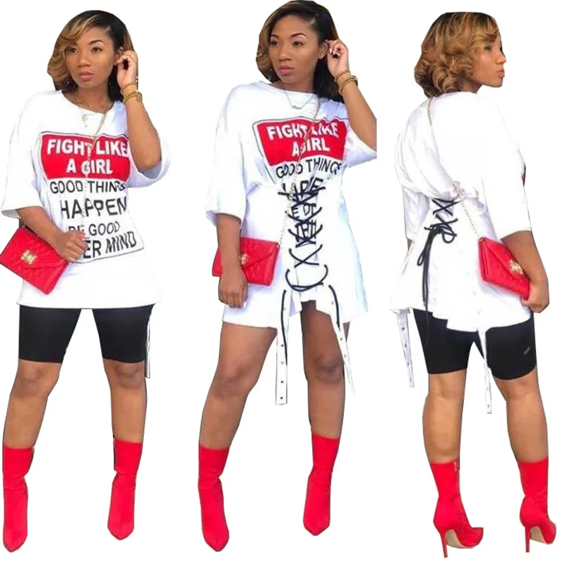 
2021 Casual Women Letter Print White T Shirt Anti Wrinkle Dresses with Waistband 