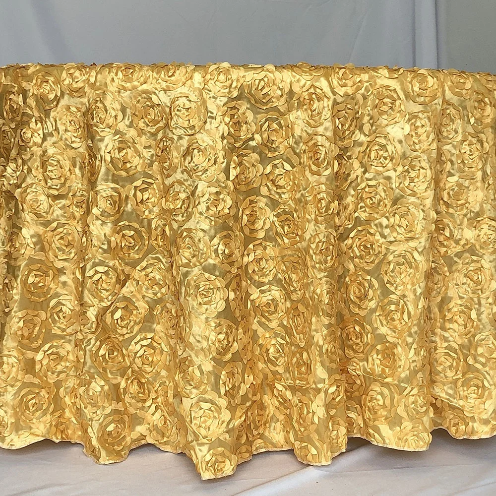 Satin Raised Rosettes Gold 3D Floral Tablecloth for Wedding Party