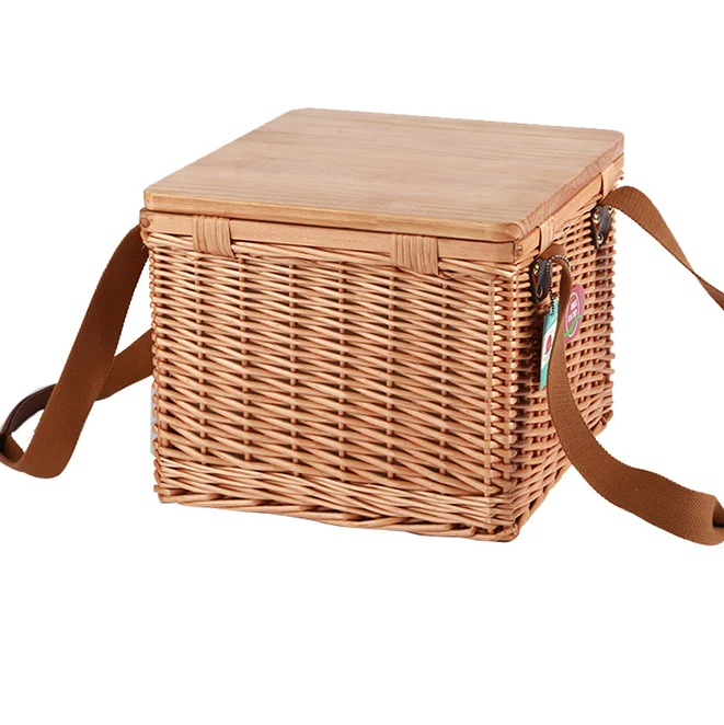 Wholesale OEM outdoor Camping handmade wooden basket rattan basket picnic basket with lid