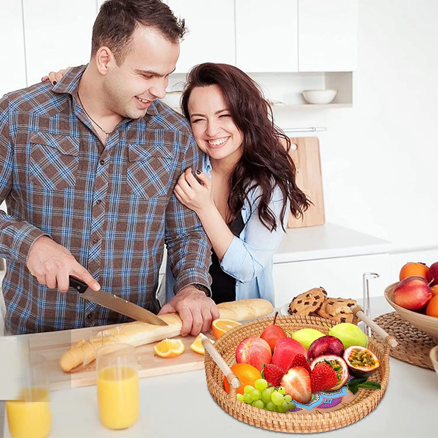 Плетеные подносы в стиле бохо для домашнего декора, кофейный столик, обеденный стол, кухонный органайзер, круглая корзина с ручками, сервировочный поднос из ротанга