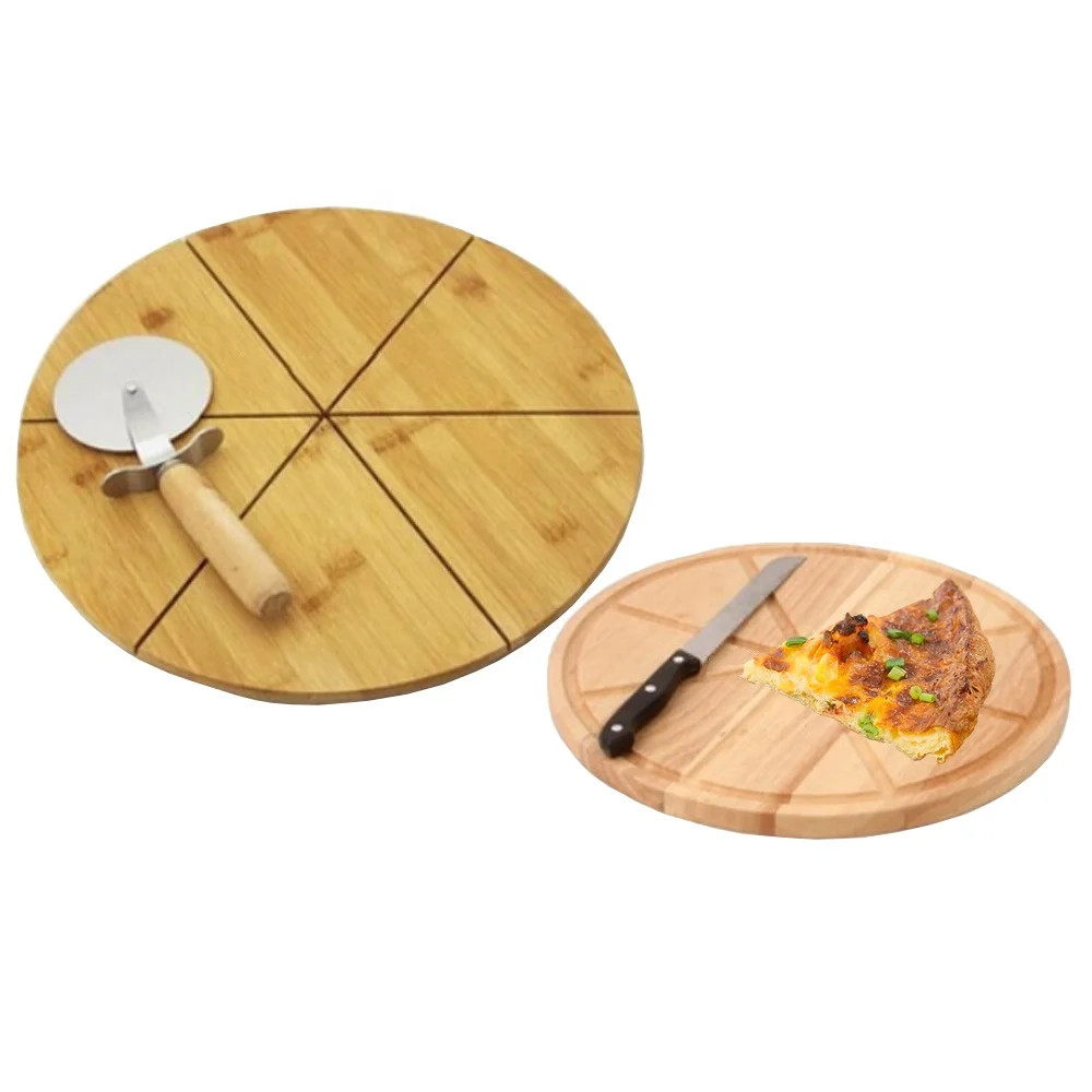 Round Natural Bamboo Wooden Pizza Tray Pizza Board With Six Evenly Slicing Groove