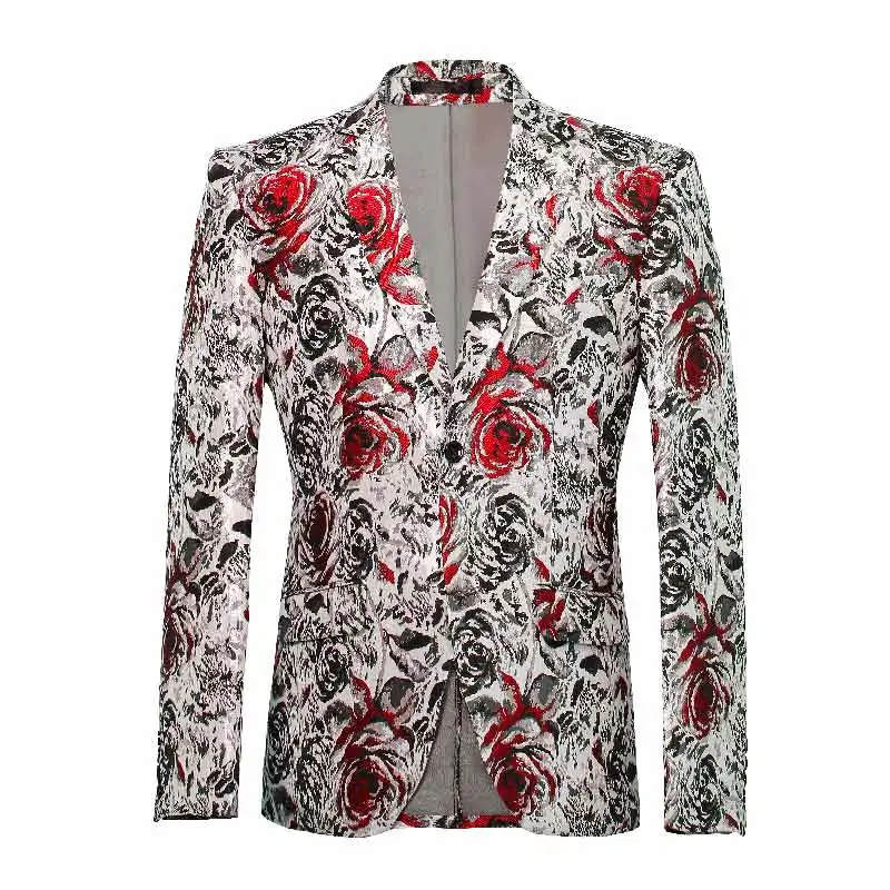 
Hot selling white red floral print casual jacket suit coat sets short dress blazers for men 1 piece 