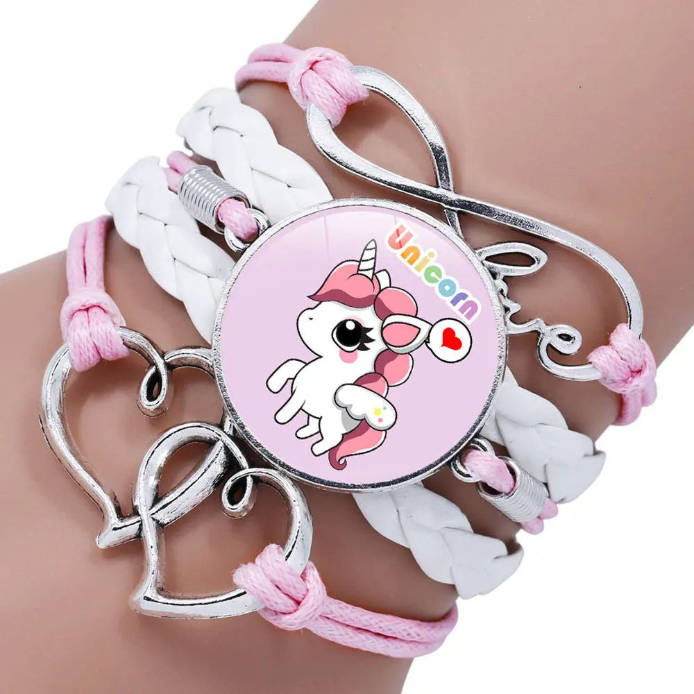 
Fashion Leather Weave Wristband Rainbow Horse Unicorn wristband Surprise Party Gift For Girls Multi-layer braided Bracelet 