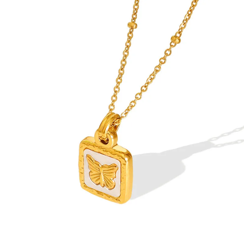 High Quality Butterfly Square Pendant 18k Real Gold 316 Stainless Steel Cross Bead Chain Ladies Necklace Fashion Jewelry