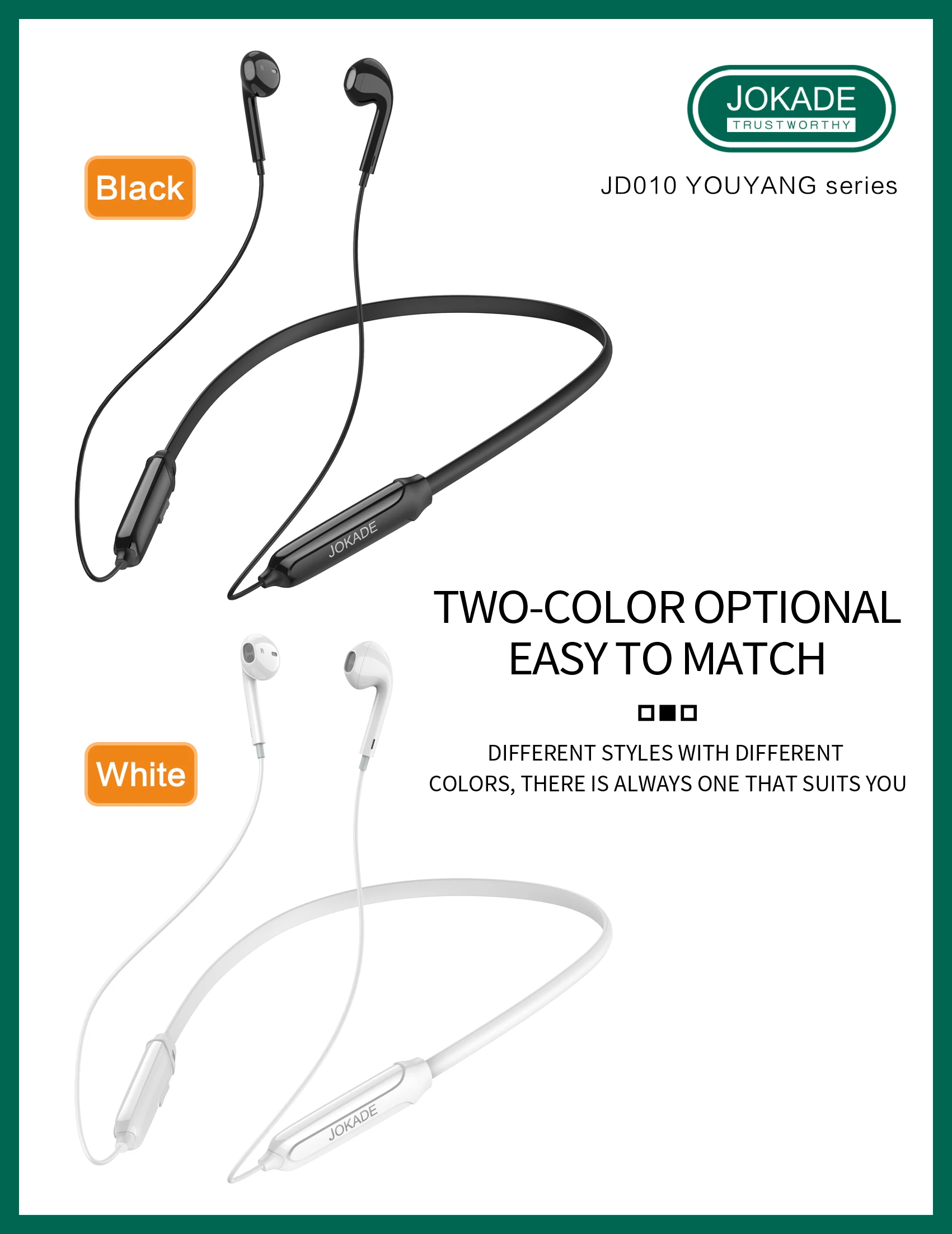 JOKADE New Wholesale Wireless magnetic neck strap Blue-tooth In-ear Earphone for Music sport headset headphone