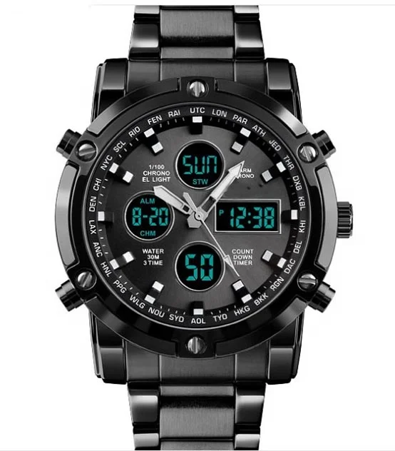 Мужские спортивные часы с двойным механизмом, стальные часы со светящимся будильником, многофункциональные кварцевые часы