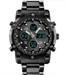 Мужские спортивные часы с двойным механизмом, стальные часы со светящимся будильником, многофункциональные кварцевые часы