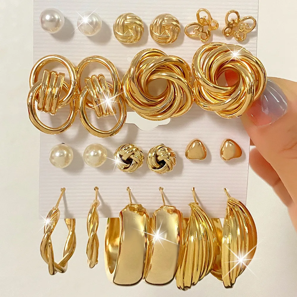New Knot 6 Piece Mixed Hoop Pearl Inlaid Pure Gold Plated Fashion Jewelry Earrings Set For Women Wholesale