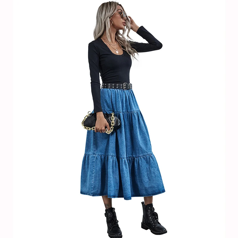 INS Fashion High Waist Loose Big Skirt Hemline Long Dress A-line Casual Solid Blue Ruffle Denim Frill Skirt For Women Girls
