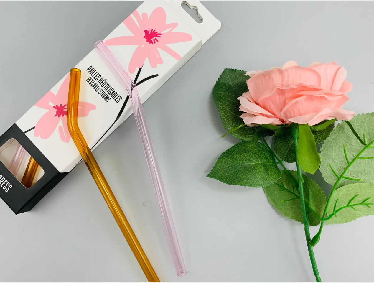 Colorful Straw Set 4+1 with Customized Gift Box Eco Friendly Drinking Glass Straw Set With Custom Paper Box