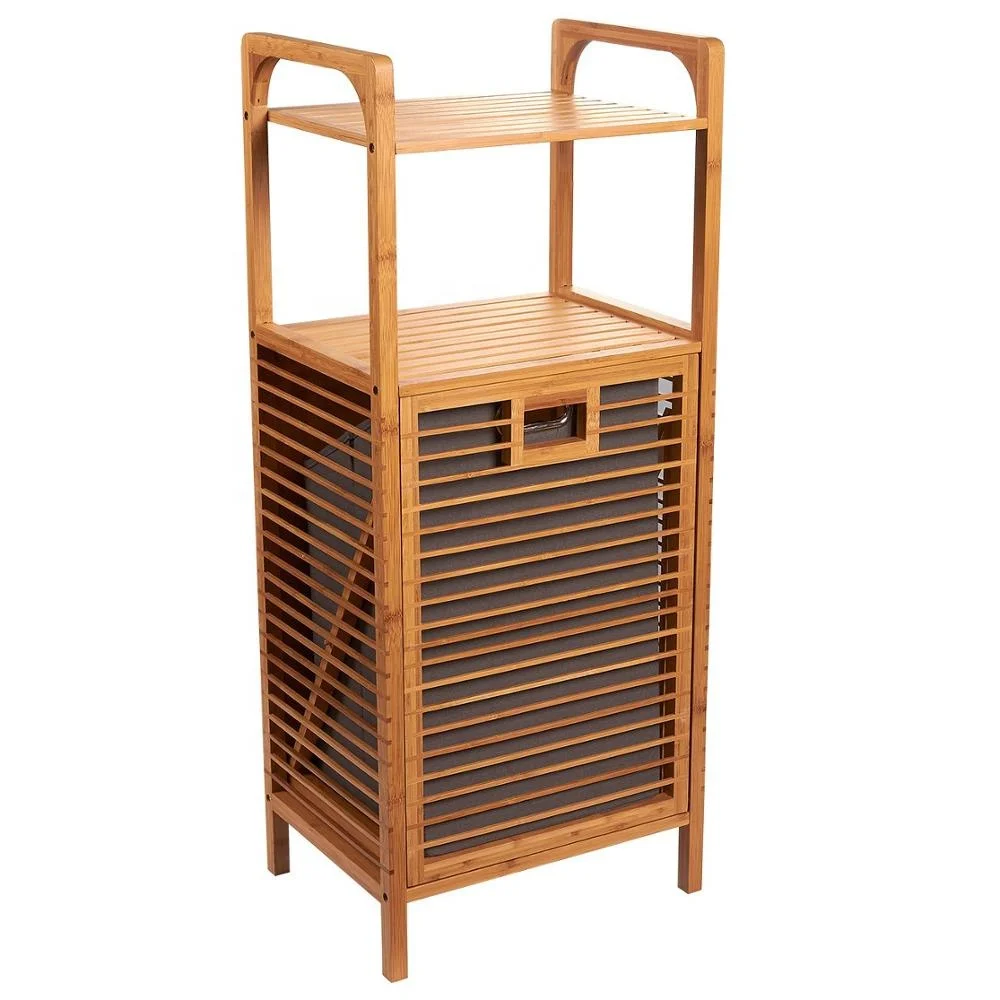 Bamboo Shelf with Tilt-Out Hamper Basket Clothes Hampers for Laundry Perfect for Bathrooms and Spas, Brown 15.8 x 37.5 x 11.8 In