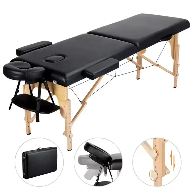 Beauty Tattoo Massage Bed High Quality Spa Moxibustion Table for Hotels Modern Design Hot Sale 2-section Portable Foldable Black