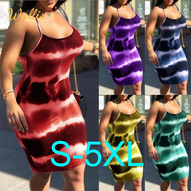 Spot Summer Plus Size Women Clothing Ladies Evening Club Party Slim Midi Dress Tie-Dye Round Neck Suspender Casual Dresses
