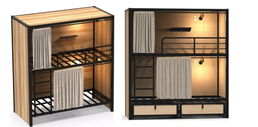 Modern dormitory metal double bunk bed with desk and wardrobe