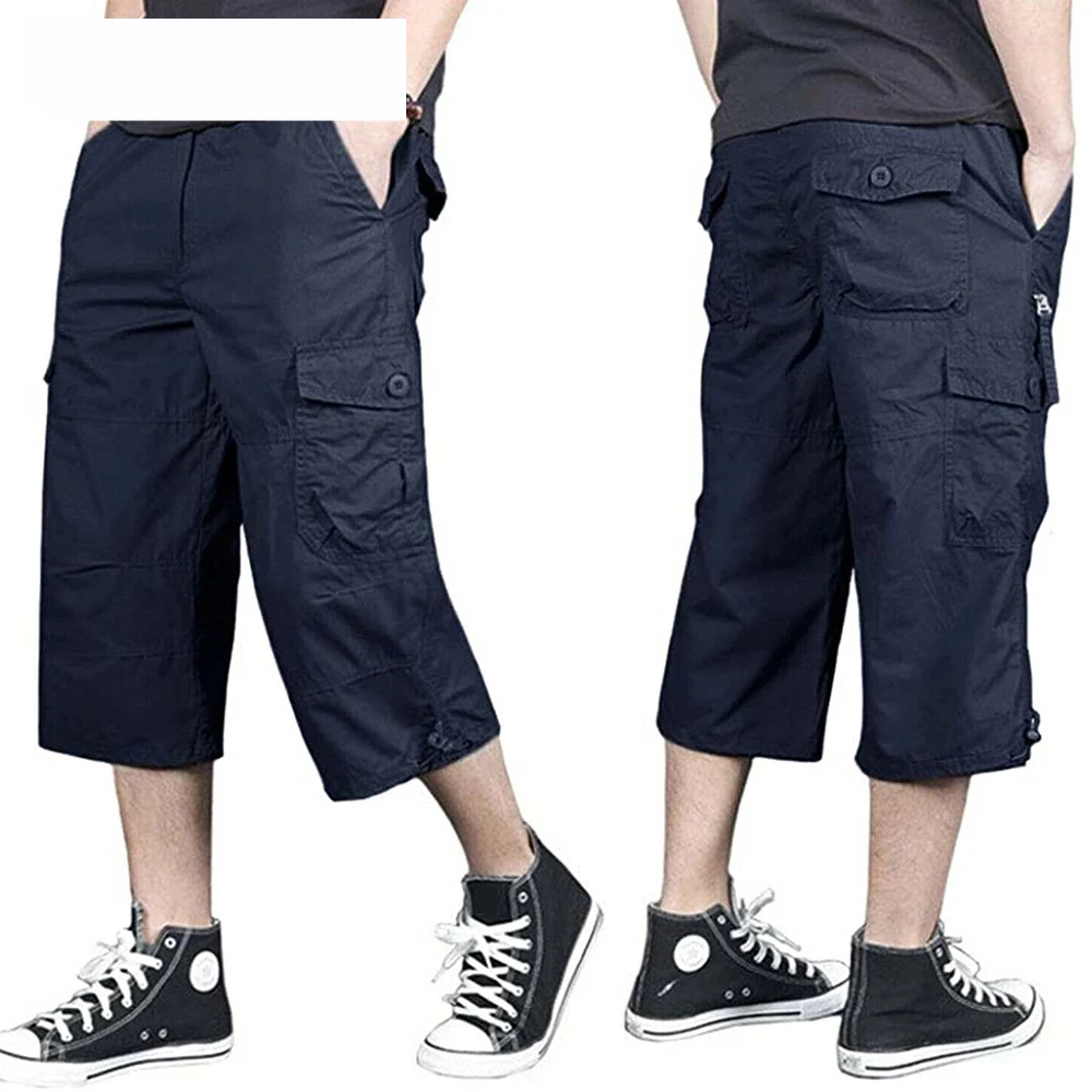 100% Cotton Below Knee Length 3/4 Long Shorts Mens Pants Multi Pocket Summer Cargo Pants Man