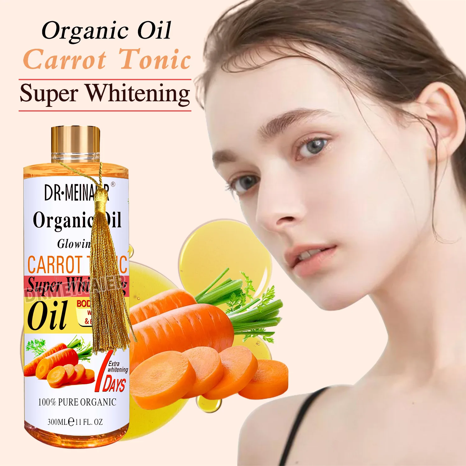 Natural carrot Essential Oil Super Whitening oil Massage SPA Moisturizing Lightening Dark Spot Corrector Glowing Gold oil 300ml