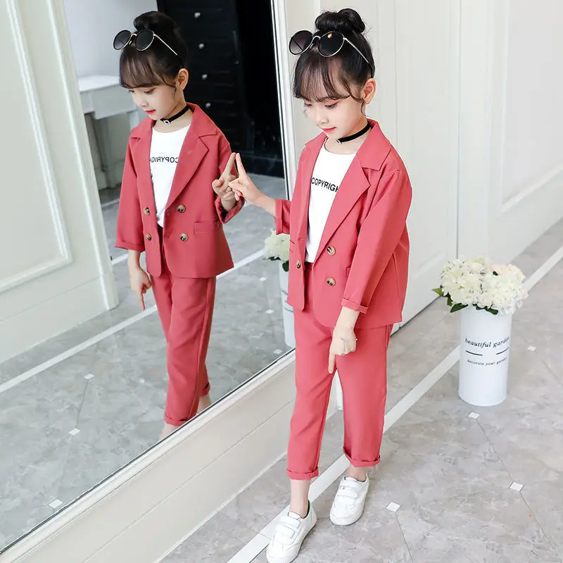 Slim Fit Girls Formal Wedding Suit for Baby Jacket+Pants Children 2pcs Home Kids Formal Suit Female Girls School Blazer