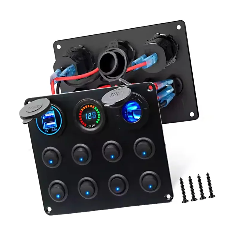 Car 8Gang Multi-Function 8 Gang Rocker Dual USB Charger Digital Voltmeter 12V Outlet Pre-Wired Switch Panel with Circuit Breaker