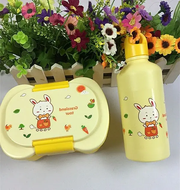 Factory Cheap Kid children Cartoon Lunch Box Set Cute Bottle Plastic food container Microwavable heating Bento Box Water Bottle