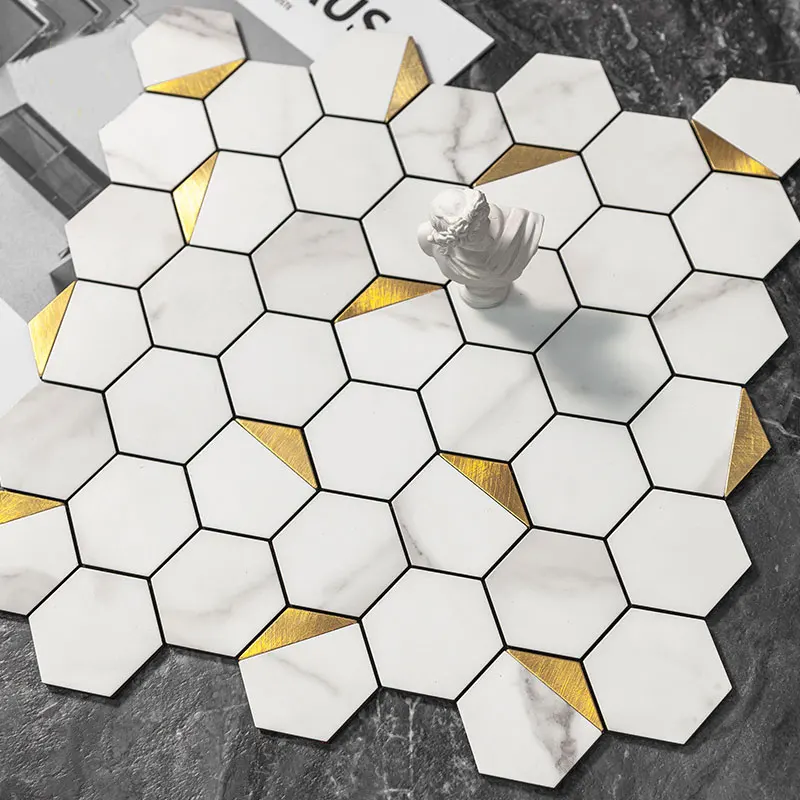 Classic Hexagonal Metal 3D Carrara Marble Look Aluminium Self Adhesive decorative Mosaic Tiles for kitchen backsplash