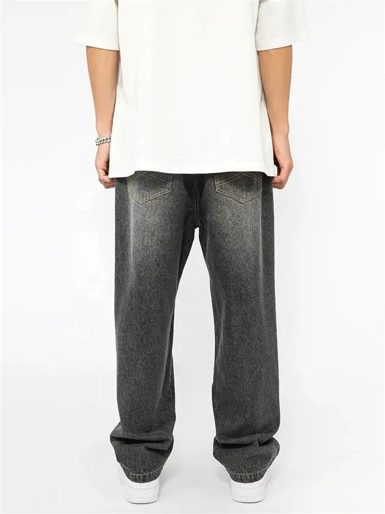 ZY Custom Logo Acid Wash Men Jeans Wide Leg Baggy Jeans Embroidery Patch Denim Pants Trousers for Men