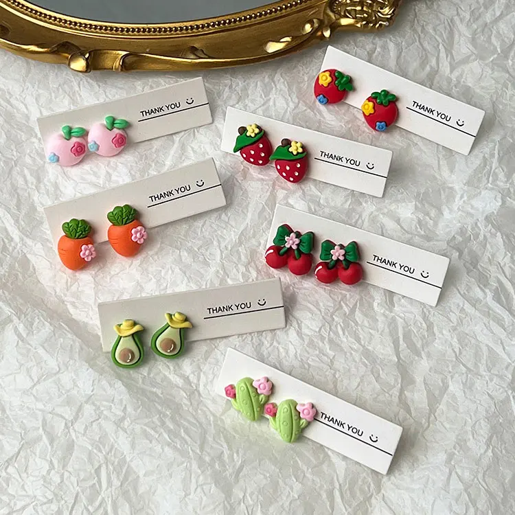 SC Little Girls Childlike Fruits Stud Earrings 925 Silver Needle Tomato Strawberry Cherry Peach Pineapple Acrylic Earrings Women