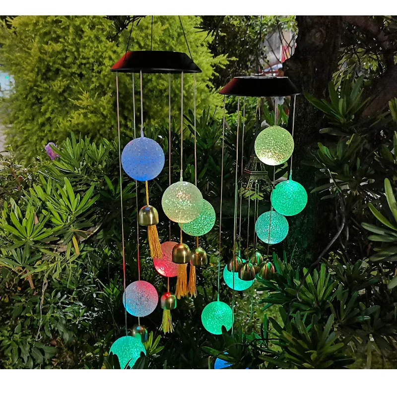 6 Color Changing Light Ball Wind Chimes With Bell Solar Powered LED Wind Chime White Hummingbird Wind Chime