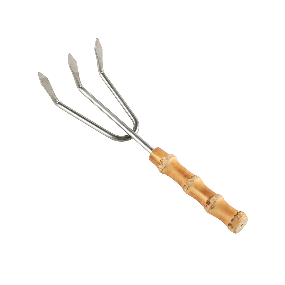 Stainless Steel Wood Bamboo Root Wooden Handle Planting Soil Loosening Weeding Garden Tool Three Teeth Cultivator Hand Claw Rake
